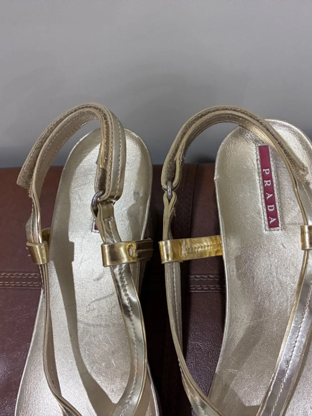 Prada Metallic Gold Leather Slingback Thong Sandals EU 39 US 9